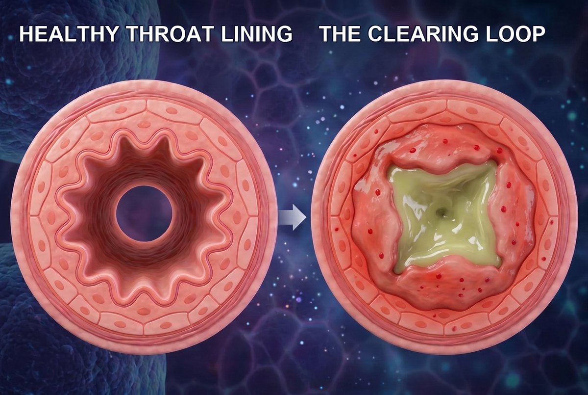 Cross section of a healthy throat lining beside an irritated lining coated in mucus