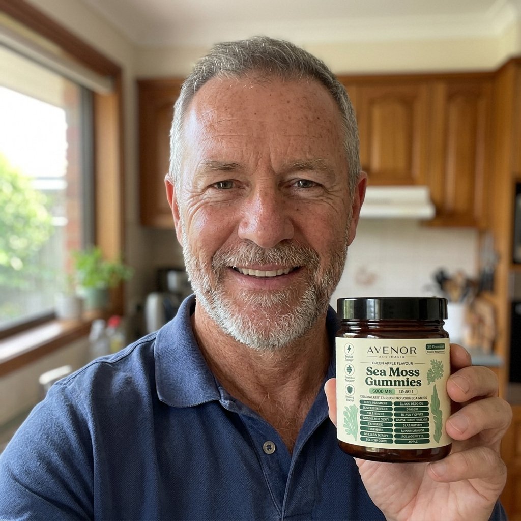 Geoff holding his jar of Avenor Sea Moss Gummies