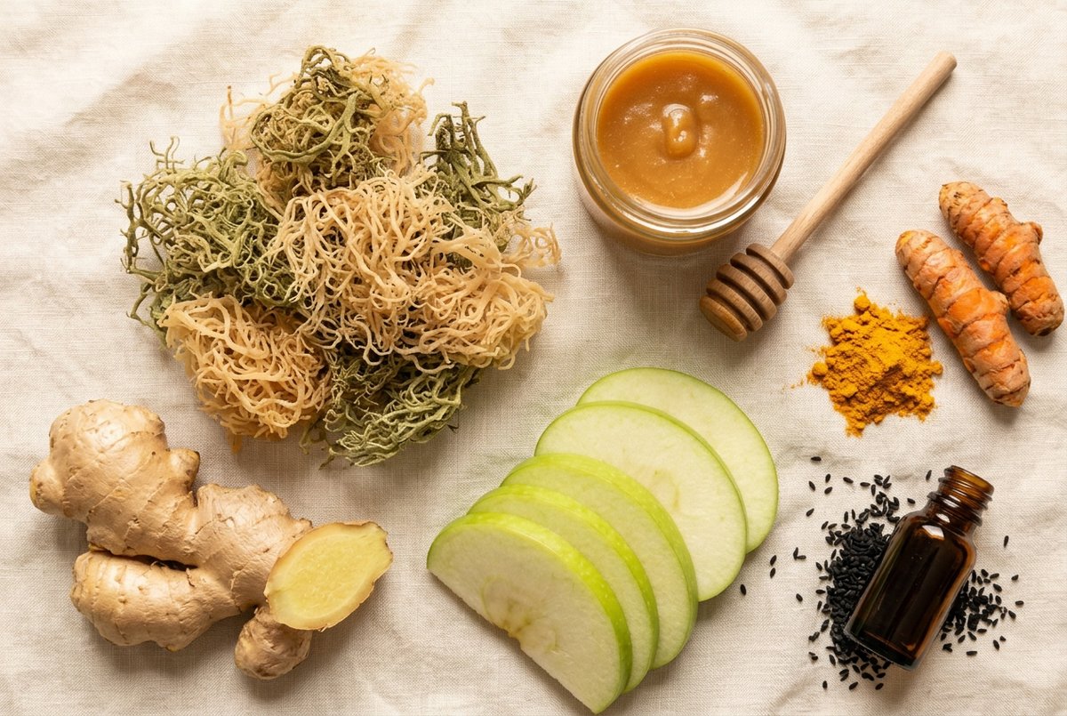 Irish sea moss, manuka honey, ginger, turmeric, black seed oil and green apple laid out on linen
