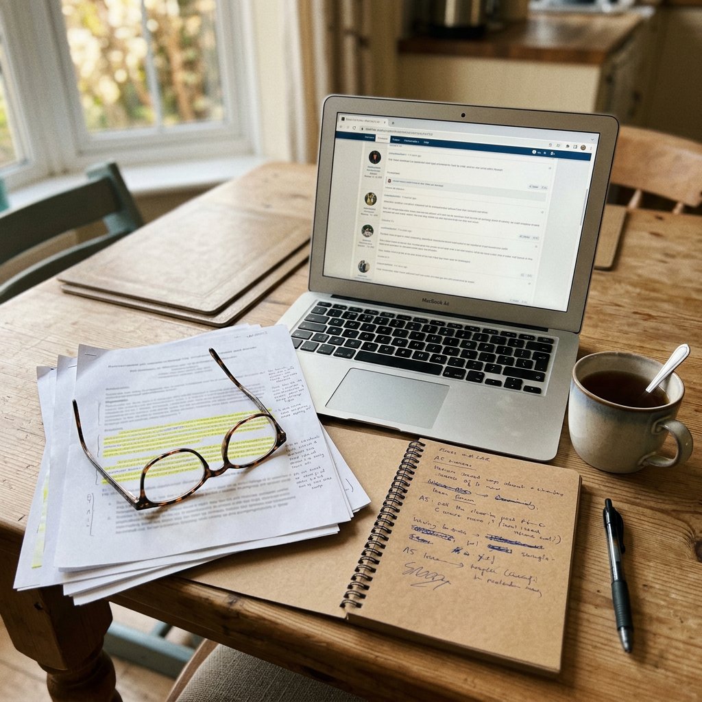 A kitchen table covered in printed research papers, highlighted notes and a laptop showing a forum thread