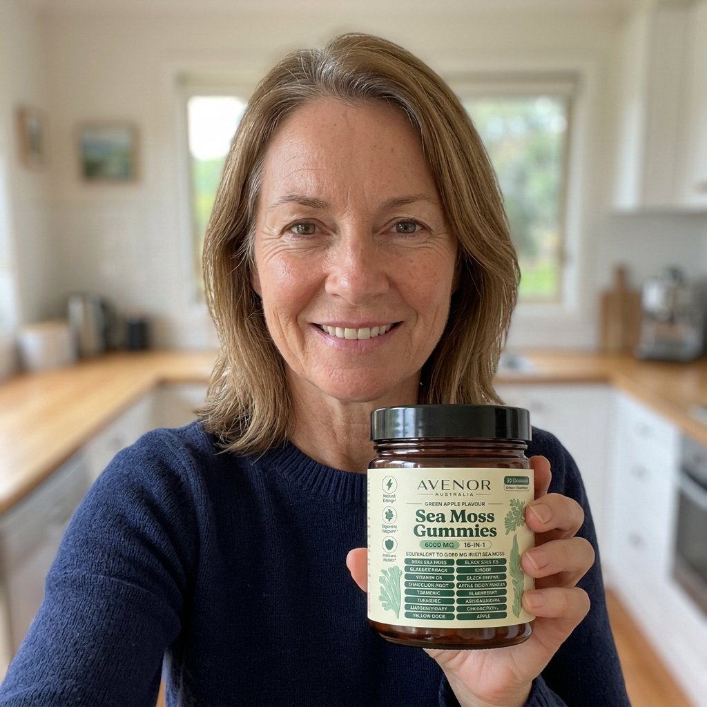 Robyn holding her jar of Avenor Sea Moss Gummies in her kitchen