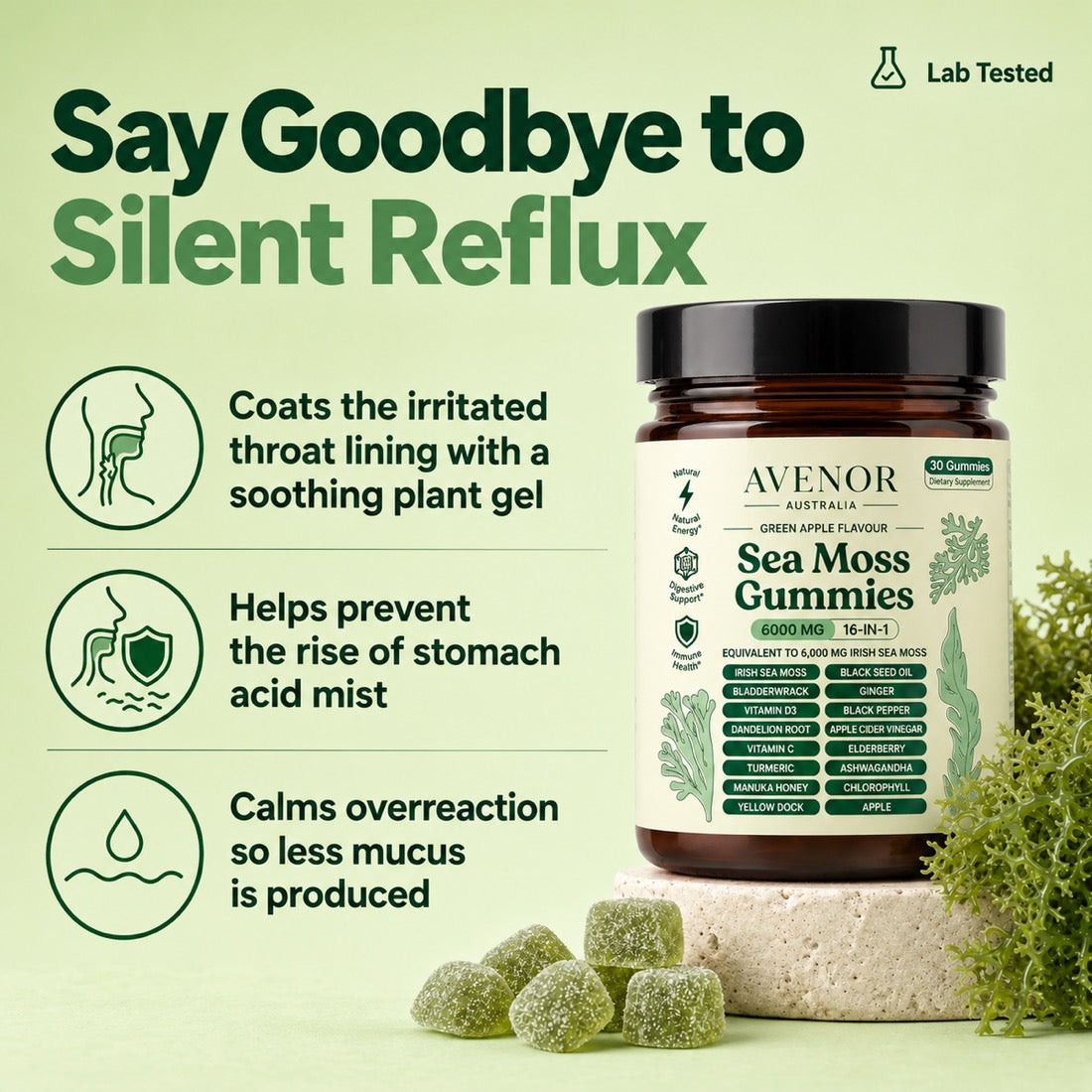 Say goodbye to silent reflux: coats the irritated throat lining with a soothing plant gel