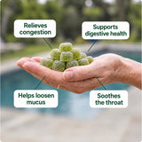 Relieves congestion, helps loosen mucus, soothes the throat, supports digestive health