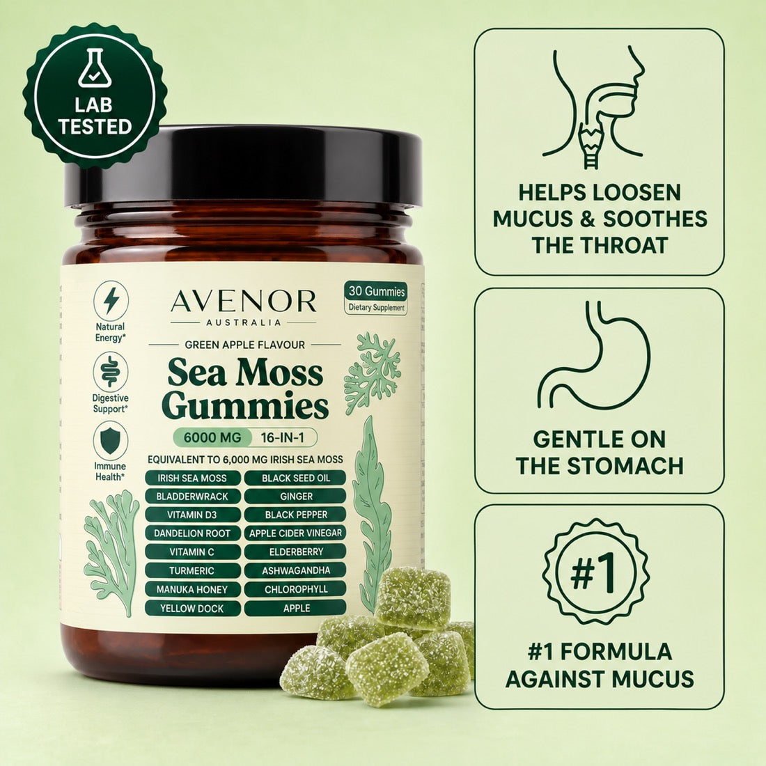 Lab tested: helps loosen mucus and soothes the throat, gentle on the stomach