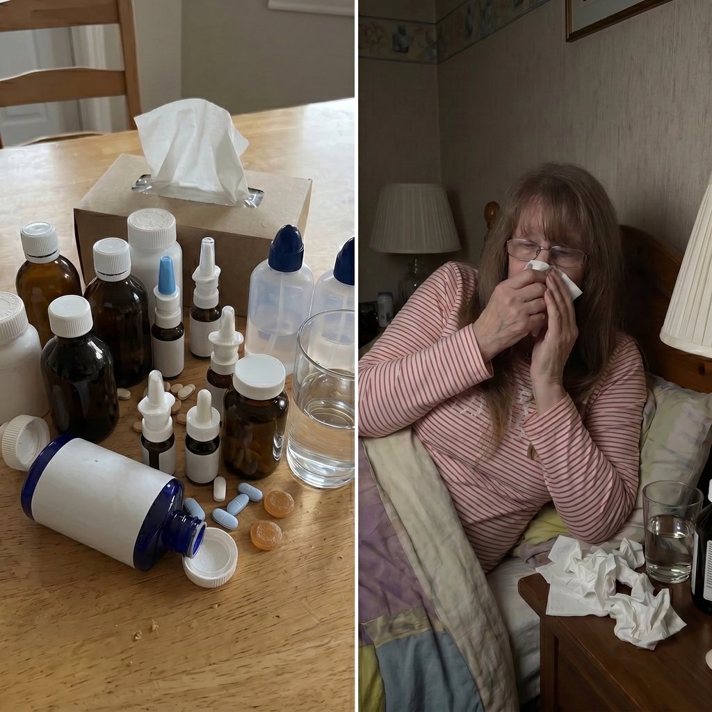 A pile of cough syrups, nasal sprays and tissues, and a woman awake in bed clearing her throat