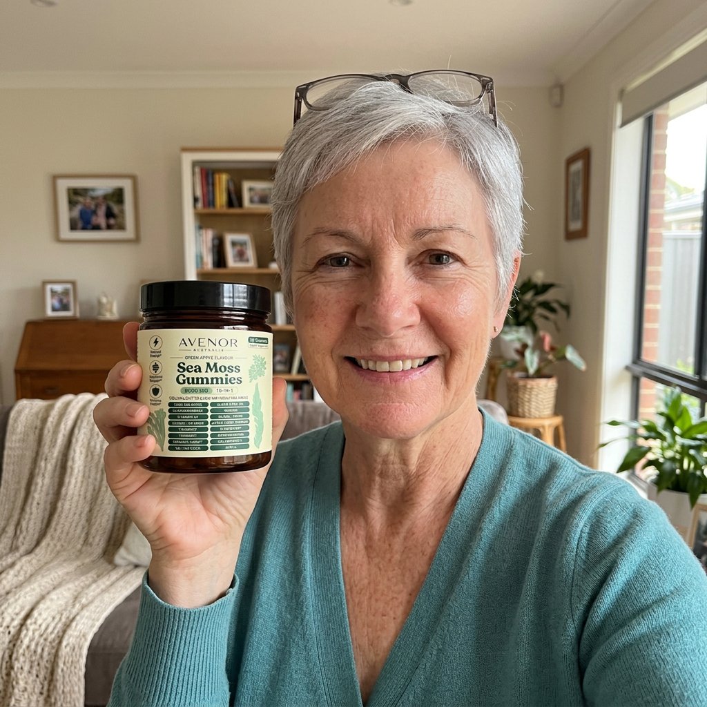Margaret holding her jar of Avenor Sea Moss Gummies