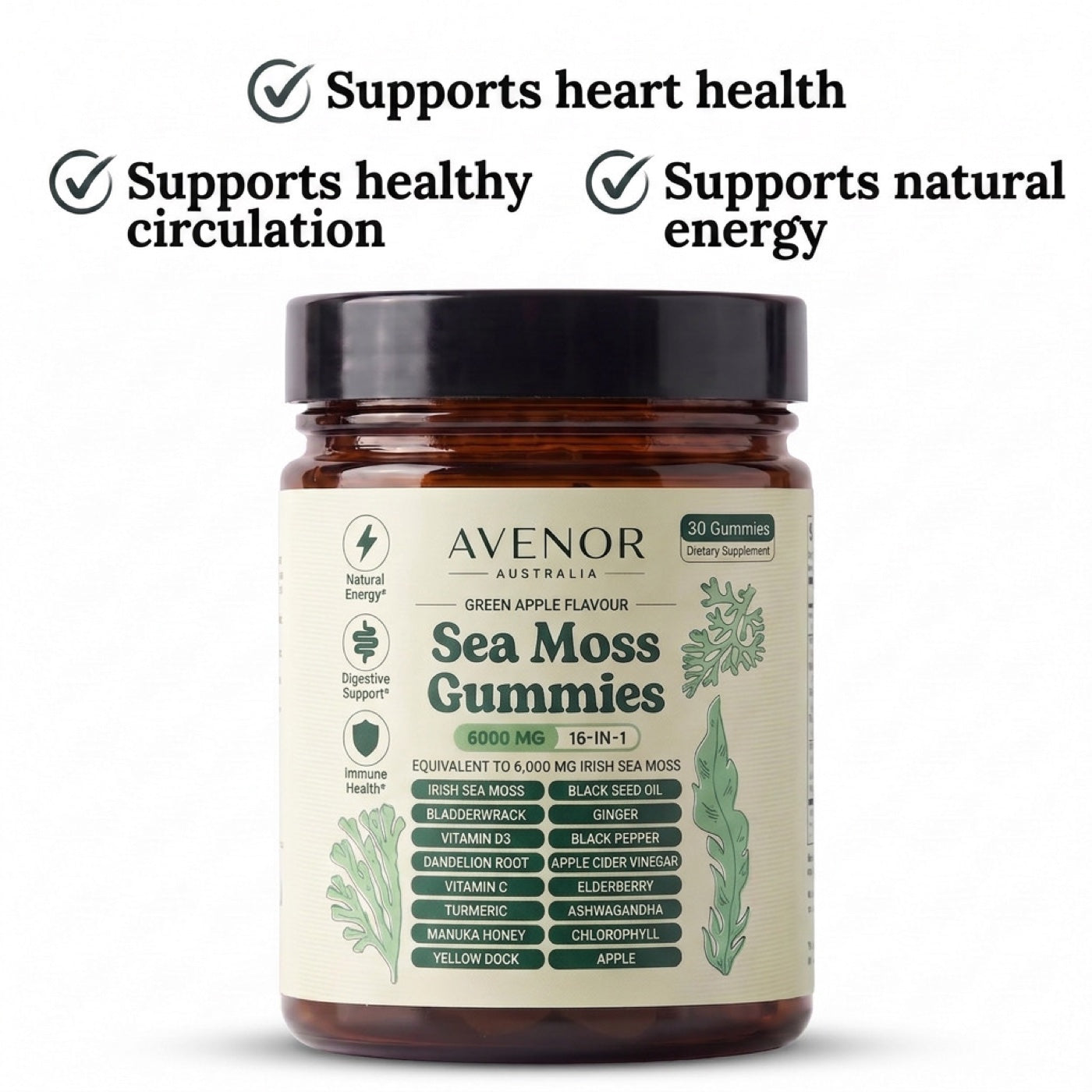 Avenor Sea Moss Gummies: supports heart health, supports healthy circulation, supports natural energy