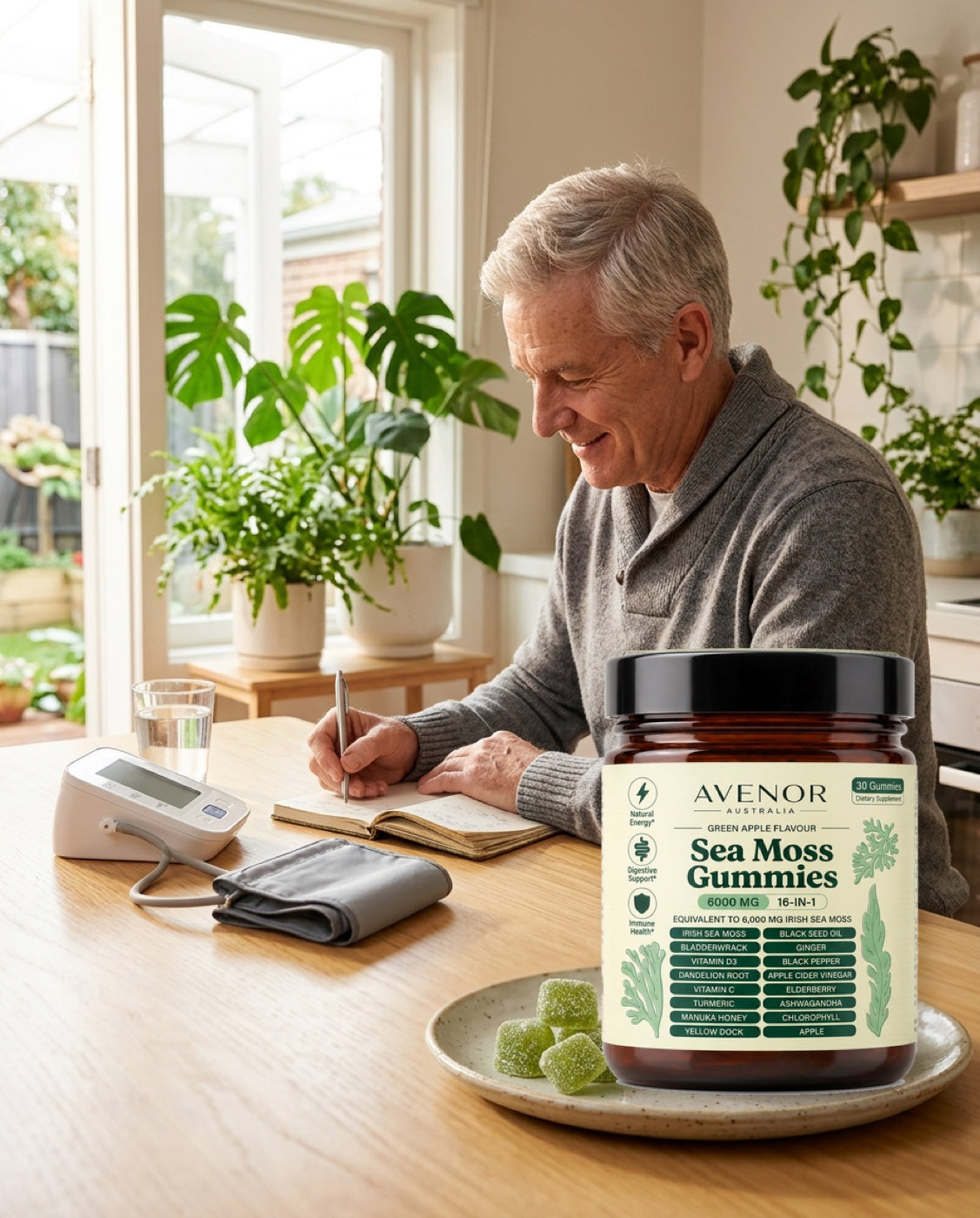 A man at his kitchen table noting his home readings, with a jar of Avenor Sea Moss Gummies