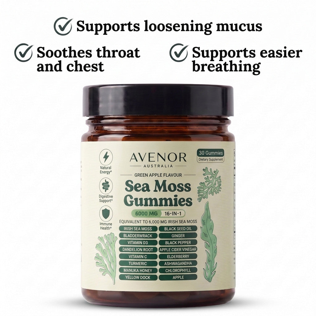 Avenor Sea Moss Gummies: supports loosening mucus, soothes throat and chest, supports easier breathing
